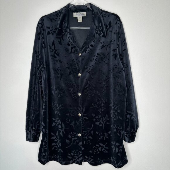 Vintage Diane Von Furstenberg Tunic Top 1X Black Floral Velvet Button up - Picture 1 of 9